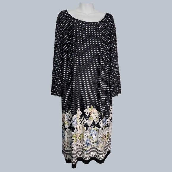 Avenue Dresses & Skirts - AVENUE Plus Size 26/28 4X Navy Blue Polka Dots Dress Floral Border Bell Sleeve
